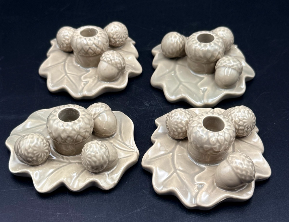 Williams Sonoma Acorn Tiny Taper Candle Holder Set Of 4 Ceramic Fall Cottagecore